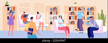 People in library. Person read, young adult with books in bookstore. Students sitting in room with bookcase, exam preparation vector concept Stock Vector