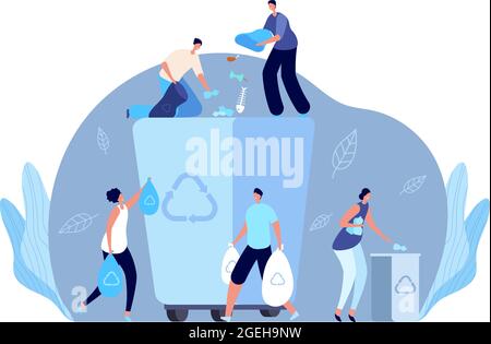 Garbage recycling concept. Person recycling waste, flat people clean plastic trash. Environmental industry volunteers vector illustration Stock Vector