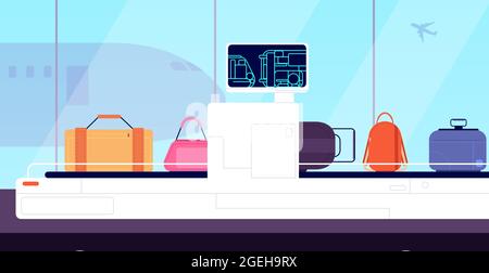 Airport conveyor. Cargo scanner, x ray scanning luggage bags inspection. Terminal security, baggage checking control vector illustration Stock Vector