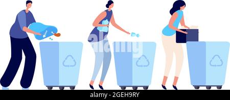 Person sorting garbage. Recycling dustbin, container for waste. Young people lifestyle, ecology activist gathering plastic vector concept Stock Vector