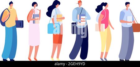 Students with backpacks. Young people studying, school teenagers holding books. College study, happy friends education vector characters Stock Vector
