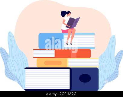 Girl reading book. Outdoor learning, female read and relax on books pile. Isolated student, person study in library college vector concept Stock Vector