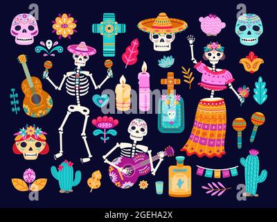 Day of dead. Mexican decorations, cute skull skeletons flowers. Cartoon mexico authentic death culture elements, candle altars vector set Stock Vector