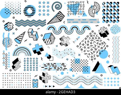 Memphis minimal geometric shapes. Halftone grid elements, pop art design triangle graphics texture. Abstract fashion funky style vector set Stock Vector