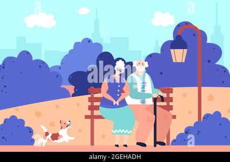 Grandparents in park. Romantic elderly people, happy senior sit together on bench. Old couple in love walk dog outdoor vector illustration Stock Vector