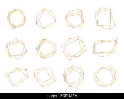 Gold polygonal frames. Triangle line shape, polygon style crystal art decorations. Silver golden geometric modern elegant element vector set Stock Vector