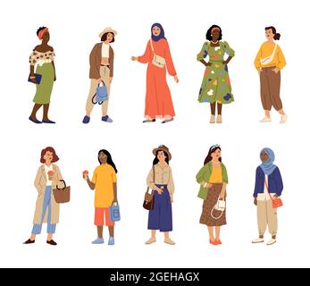 Different stylish women. Casual style woman, multicultural adults in trendy clothes. Isolated fashion dressed happy girls vector characters Stock Vector