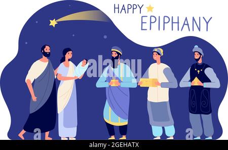 Happy epiphany. Three wise men, winter holiday christian festival banner. Holy family greetings kings magi with presents utter vector flyer Stock Vector
