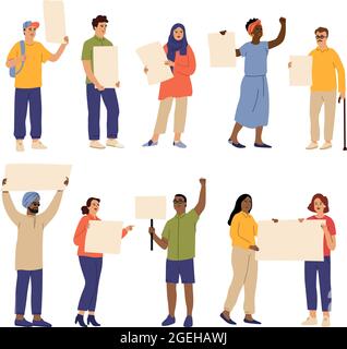 People with placards. Protest characters, male women protesters hold banners. Isolated cartoon activist, demonstration persons vector set Stock Vector