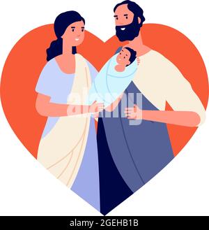 Holy bible family. Little jesus christ, biblical story parent with baby character. Cartoon god birth, christmas religion utter vector concept Stock Vector