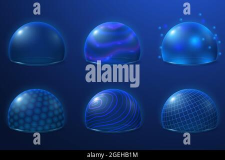 Bubble shields. Protect field, futuristic energy force safety bubbles. Transparent plasma surface, 3d security protection recent vector set Stock Vector