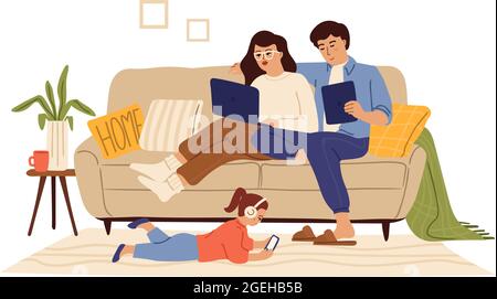 Family using gadgets. Home internet, child parents with tablet laptop smartphone. People addicted digital social media swanky vector concept Stock Vector