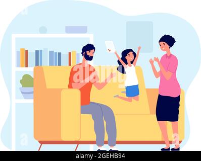 Success happy student. School test, parents child and exam result. Home education, cartoon girl joy high score at study utter vector concept Stock Vector