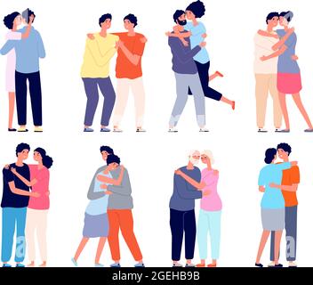 Hugging people. Embracing person, friends support each other. Couple in love hug together, isolated students utter friendship vector set Stock Vector