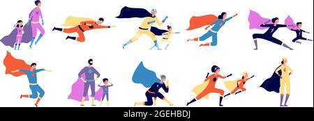 Superhero family. Parents kids in costume, strong super man characters. Isolated heroes father mother, utter cartoon power people vector set Stock Vector