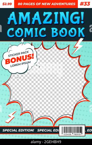 Comic book cover. Comics template, funny image magazine card. Cartoon superhero flyer title page, recent bubble boom frame vector background Stock Vector