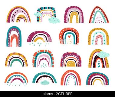 Abstract drawing rainbows. Cartoon weather, pastel modern scandinavian clouds clipart. Different unusual shapes rainy day exact vector set Stock Vector