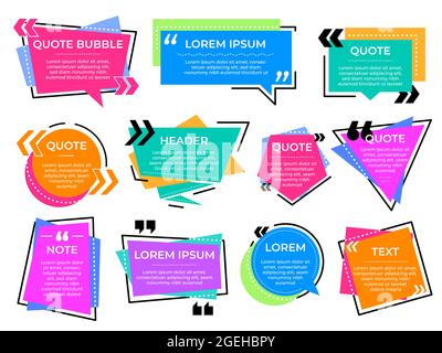 Quote text frames. Information bubbles, note message or texting block. Colorful info banner, creative quotation square recent vector set Stock Vector