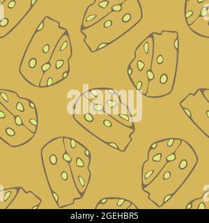Vector seamless pattern with outline pieces of cheese. Design with cheese on yellow background. Stock Vector