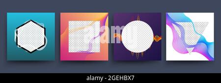 Social media square template. Post banner, web application posters. Bright music or sound waves, flyers with empty transparent place vector set Stock Vector
