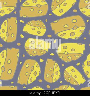 Vector seamless pattern with triangular pieces of cheese. Design with pieces of cheese different sizes. Stock Vector