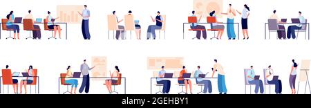 People on business training. Persons with computer, business group meeting. Modern office guys and coach with presentation utter vector set Stock Vector