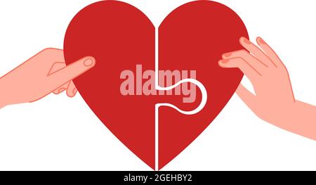 Connected hearts. Find love, hands holding half of red heart puzzle. People feelings metaphor, passion friendship or human relationship vector concept Stock Vector