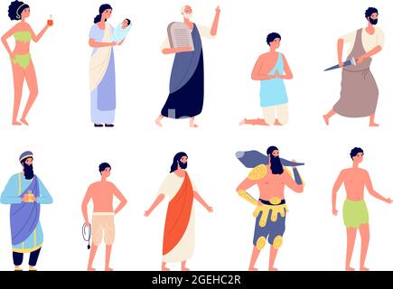 Holy bible characters. Legendary man, christian religion persons. Jesus christ, biblical newborn birth and spiritual king utter vector set Stock Vector