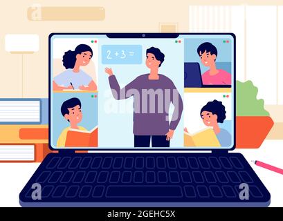 Teacher on screen. Student group, virtual school teaching on laptop. Young coach with boy girl, online college meeting utter vector concept Stock Vector