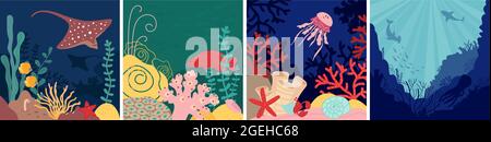 Sea world background. Underwater life, natural fish in aquarium. Nautical landscape with cartoon shell, wild ocean nature decent vector set Stock Vector