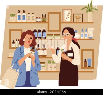 Woman in cosmetic shop. Beauty product, girl choose shampoo or nature cream. Store of organic eco korean face care swanky vector concept Stock Vector