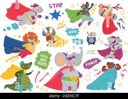 Super animals characters. Cute child heroes, superman mask on crocodile lion. Happy cartoon shark wear cape, flying hippo decent vector set Stock Vector