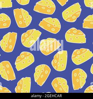 Vector seamless pattern with pieces of cheese. Bright colours design with cheese pieces. Stock Vector