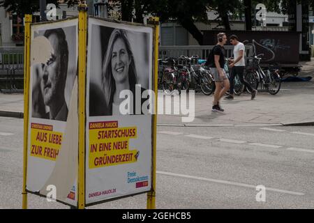 Election posters of Christian Wolfgang Lindner is a German politician, member of the Liberal Democratic Party with Daniela Hauckun German politics of the Liberal Democratic Party on a street in the city centre. (Photo by Andrea Ronchini/Pacific Press) Stock Photo