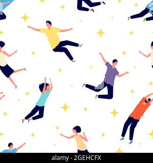 People flying patterns. Falling man woman, adults in dream. Stars, happy girl boy vector seamless texture Stock Vector