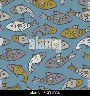 Vector seamless pattern with fish on blue background. Different colours and shapes fish illustration. Stock Vector
