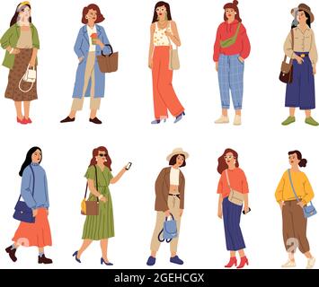 People wear casual clothes. Beautiful girl, fashion stylish female characters. Isolated young women spring autumn trendy outfit vector set Stock Vector