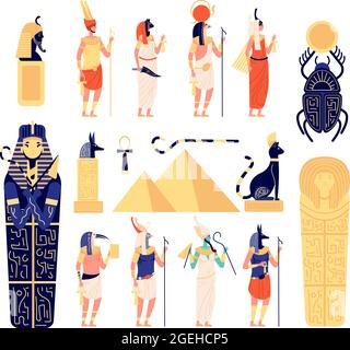 Egyptian elements. Ancient egypt gods, goddess mythology sculpture. Flat pyramid, isolated historical archeology symbols utter vector set