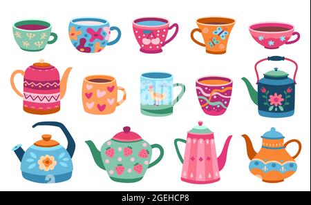 Cups and teapot. Scandinavian kitchen cup, trendy colored coffee mug kettles. Floral ornaments crockery, breakfast dishes exact vector set Stock Vector