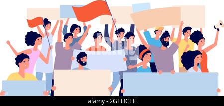 Protest demonstration. Politic revolution, angry people crowd with flags and placards. Human cheers, public patriot meeting utter vector concept Stock Vector