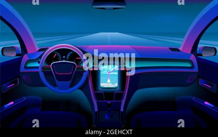 Inside futuristic car. Neon auto, modern interior and road grid. Driverless vehicle on night traffic vector background Stock Vector