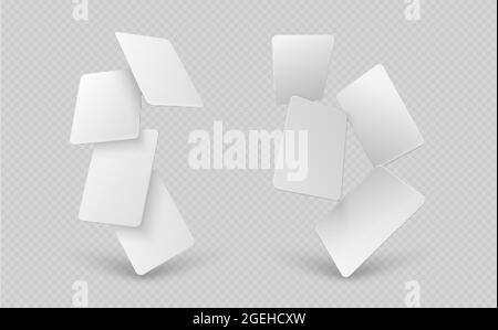 Falling paper cards. White business card, 3d mock up empty gift vouchers. Blank flying corporate identity banners, realistic sheets vector templates Stock Vector