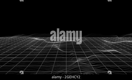 Particles landscape. White dots, perspective grid tech framework. Digital banner, sound waves or wavy surface vector background Stock Vector