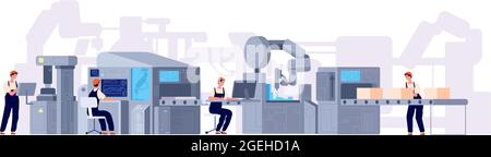 Production line. Manufacturing conveyor belt, industry machines and factory workers. Cartoon product assembly process utter vector concept Stock Vector