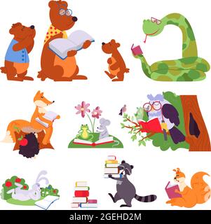 Animals reading. Bird animal read book, cute cartoon forest wild characters. Children school education, owl bear learning decent vector set Stock Vector