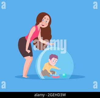 Mother hypercare. Mom protect child under glass dome. Care or disorder, safety baby vector concept Stock Vector