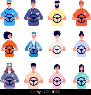 Driver characters. People driving avatars, logistic truck police workers. Person in car taxi or bus, female post courier utter vector set Stock Vector