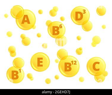 Vitamins oil. Detox capsules, pharmaceutical symbols or minerals. Medicine diet supplements, natural organic b6 a c d3 vector set Stock Vector