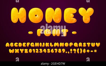 Honey font. Round letters, juicy color type design. Soft sweet alphabet, cartoon candy number. Yellow typography typeface recent vector sign Stock Vector