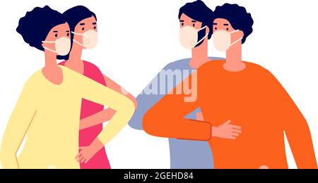 Friends bumping elbows. Distance greeting, protection contacts with people. Safe social touch, persons together in masks utter vector concept Stock Vector